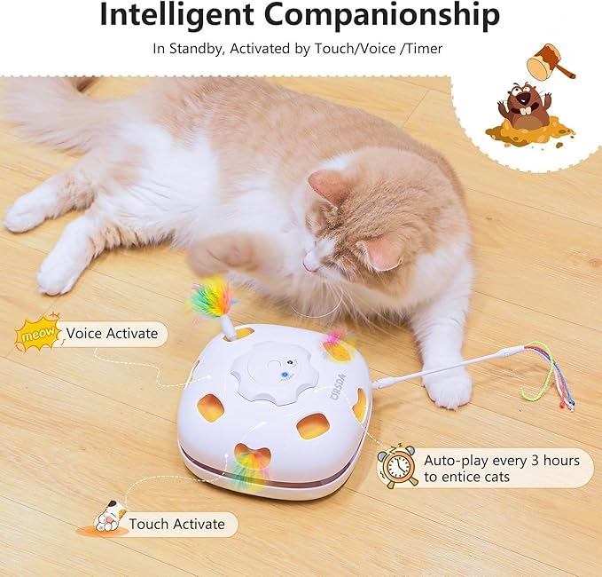 ORSDA Cat Toys for Indoor Cats, 4 in 1 Interactive Automatic Kitten Adult Cat Toy Whack a Mole, Hide and Seek, Moving Magic Wand & Chase Teaser, Rechargeable Touch/Timer Motion& Night DND Mode