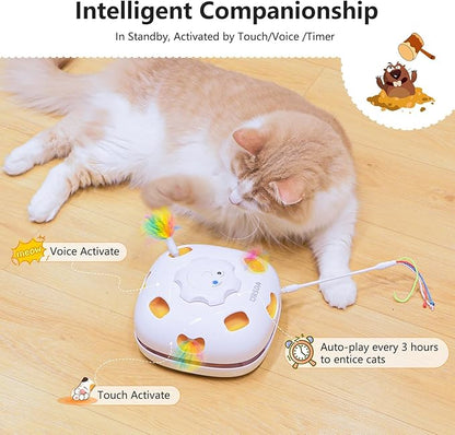ORSDA Cat Toys for Indoor Cats, 4 in 1 Interactive Automatic Kitten Adult Cat Toy Whack a Mole, Hide and Seek, Moving Magic Wand & Chase Teaser, Rechargeable Touch/Timer Motion& Night DND Mode