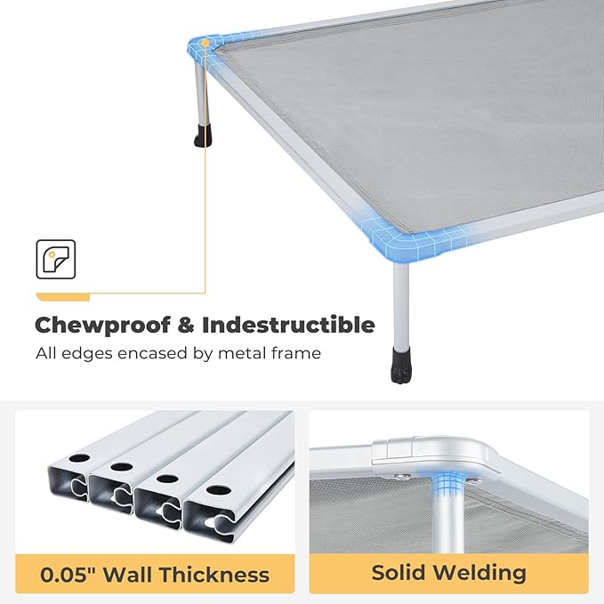 Veehoo Chewproof Elevated Dog Bed - Cooling Raised Pet Cot, Breathable Mesh, Washable & Non-Slip for Large Dogs, Indoor/Outdoor, Grey Mat and Silver Metal Frame, 59x37inches (Model CWC2203B03)