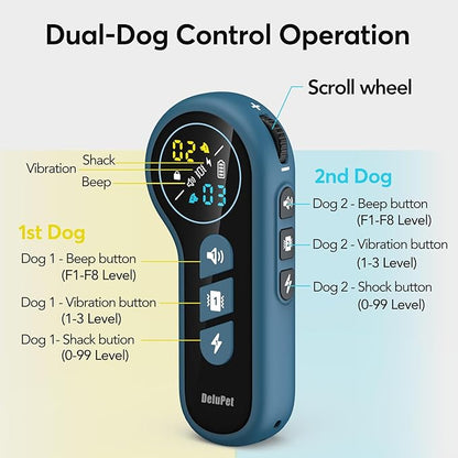 Delupet Dog Shock Collar 2 Dogs- 4500FT Dual-Direct Dog Training Collars with Remote for Small Medium Large Dog, IPX8 Waterproof Rechargeable E-Collar with Beep(1-8), Vibration(1-3), Shock(0-99), Blue