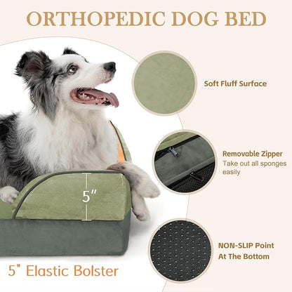 Comfort Expression Orthopedic Dog Bed for Extra Large Dogs 42x30 Inch, Waterproof Egg Crate Foam XL Pet Bed with Removable Bolsters, Dog Couch with Washable Cover & Non-Slip Bottom, Avocado