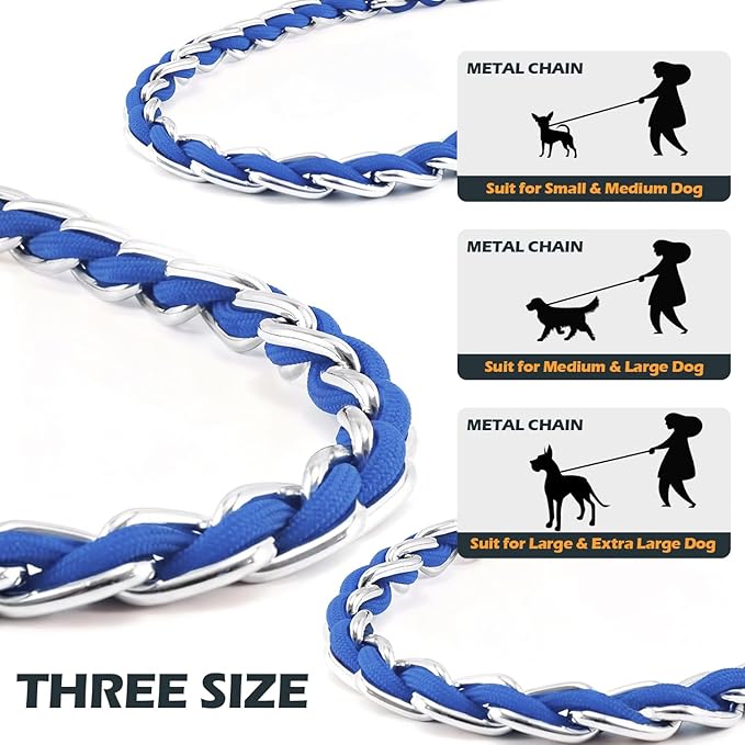 Chew Proof Metal Leash Chain Dog Leash for Medium Large Dogs, Chain Link Anti Chew 4FT Strong Anti Bite Comfortable Soft Padded Handle Blue