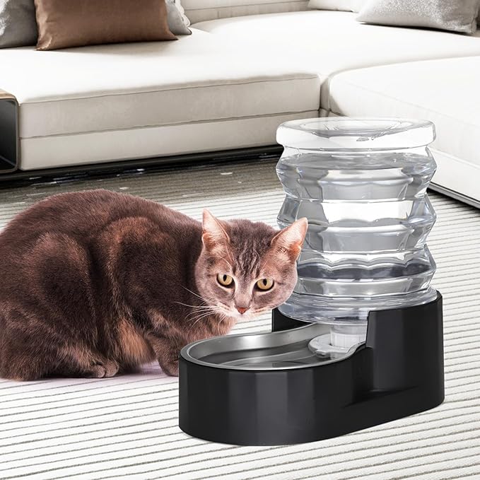 RIZZARI Dog Water Bowl Dispenser: 5L Black Stainless Steel Gravity Feeder with Filter - Easy Refill - Detachable 304 Stainless Bowl - for Small Pets & Multi-Pet Owners - Home Kitchen Patio