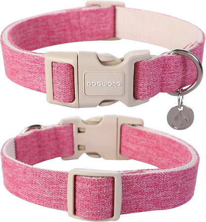 DOGWONG Cotton Hemp Dog Collar, Heavy-Duty Pink Dog Collar Adjustable Soft Natural Fabric Pet Dog Collar Cute Wedding Puppy Necklace for Small Medium Large Dogs