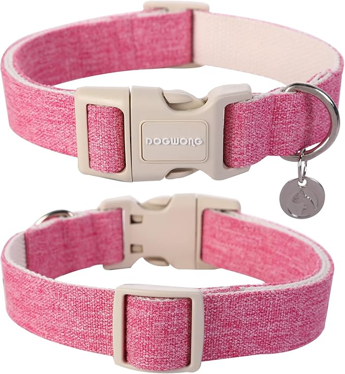 DOGWONG Cotton Hemp Dog Collar, Heavy-Duty Pink Dog Collar Adjustable Soft Natural Fabric Pet Dog Collar Cute Wedding Puppy Necklace for Small Medium Large Dogs
