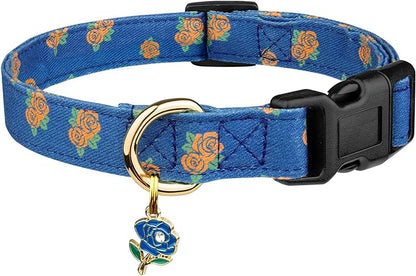 Cotton Handmade Dog Collar Cute and Distinctive Patterns Blue Rose with Pendant for Girl Boy Dogs Collars S