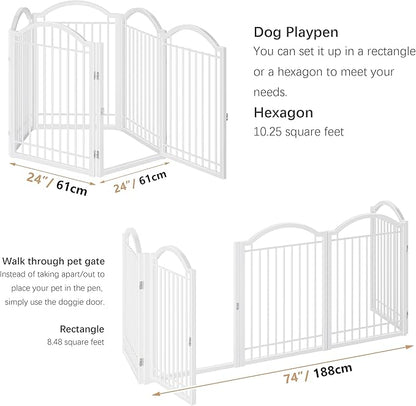 BHG Metal No-Assembly Freestanding Dog Gate with Door Walk Through, Extra Wide 120", Extra Tall 32" Pet Gate, Accordion Puppy Folding Playpen Dog Fence, with 2PCS Support (White, 5 Panels)