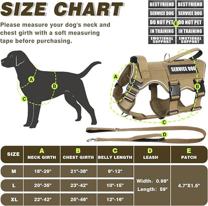 Service Dog Vest and Leash Set,Heavy Duty Tactical Dog Harness with Metal Buckles for Medium Sized Dogs,Adjustable No-Pull Dog Harness with 10 Patches for Training Working Hiking,Brown M