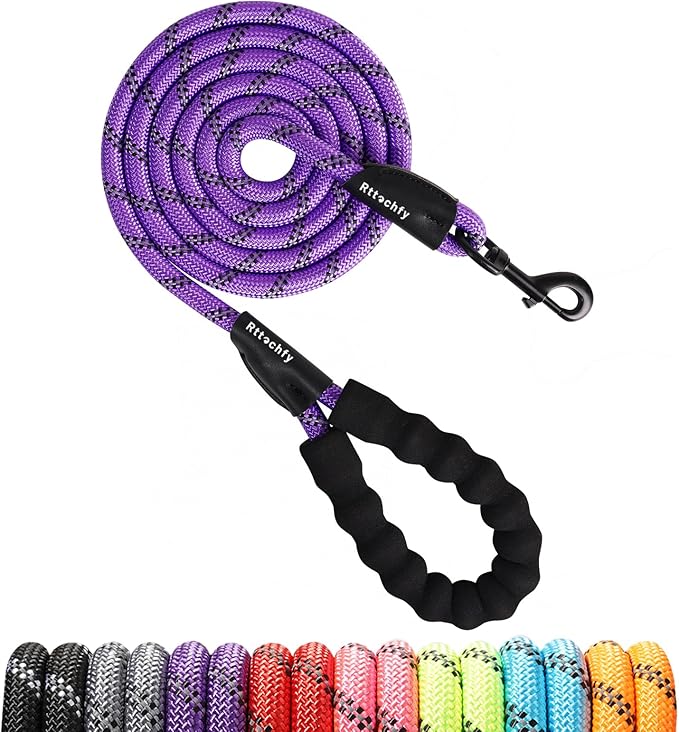 Rttochfy Rope Dog Leash 2/4/5/6/8/10 FT with Comfortable Padded Handle and Highly Reflective Threads for Small Medium and Large Dogs Heavy Duty (1/2"-10 FT, Purple)