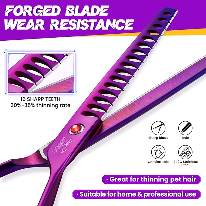 JASON 7.5" Dog Grooming Scissor - Professional Chunker Shear with Ergonomic Handle Japanese Stainless Steel Hair Scissor for Dogs, Cats and Other Pets, Sharp (Chunker, Purple) Christmas Gift