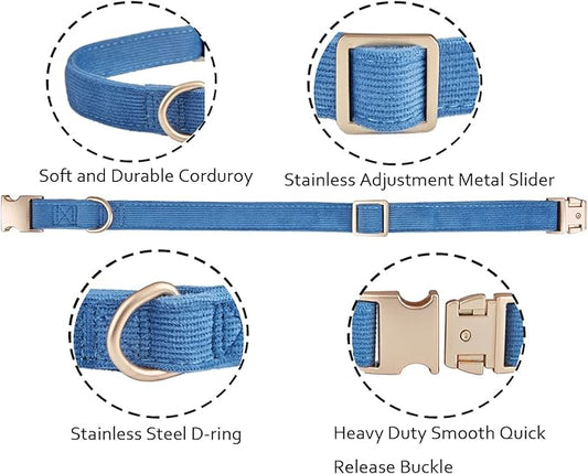 Ewinoom Soft Corduroy Dog Collar and Leash Set Adjustable Durable Dog Collars with Metal Buckle and Lead for Medium Dogs,Royal Blue