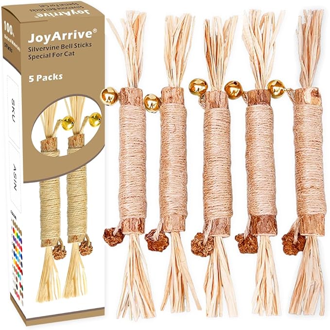 JoyArrive Natural Dried Matatabi Cat Chew Stick with Gall Fruit, Raffia Grass & Bell Cat Ball Toys, Handmade Silvervine Sticks Interactive Catnip Toys for Teething & Entertainment (Size L Color A)
