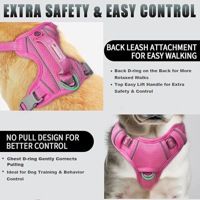 BARKBAY No Pull Dog Harness Large Reflective Dog Harness with Front Clip and Easy Control Handle for Walking Training Running with ID tag Pocket(Pink,XS)