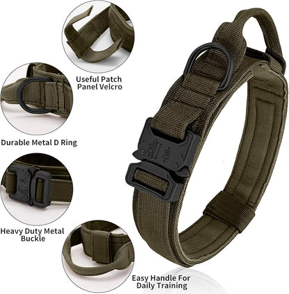 Tactical Military Dog Collar - Adjustable Heavy Duty Metal Buckle Nylon Collar with Control Handle for Small to Large Dogs (Green, L)
