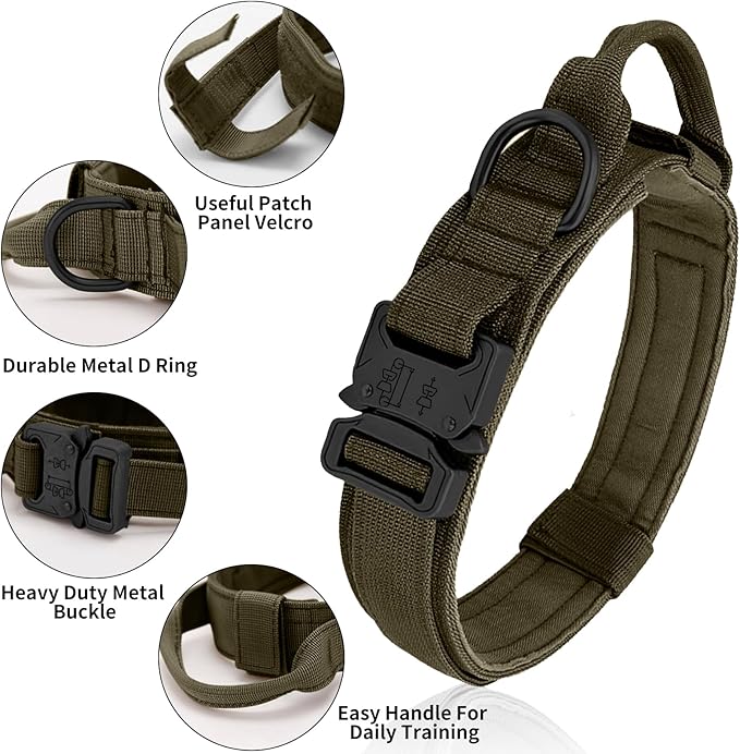 Tactical Dog Collar - Green, XL, Nylon, Heavy Duty Metal Buckle, Control Handle for Small, Medium, Large Dogs