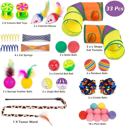 Retro Shaw 33Pcs Cat Toys with Tunnels, Interactive Kitten Toys for Indoor Cats Kitty, Collapsible Cat Tube Tent Feather Wand Teaser Bell Fuzzy Ball Crinkly Springs Mouse - Large Cat Tunnel Toys Set