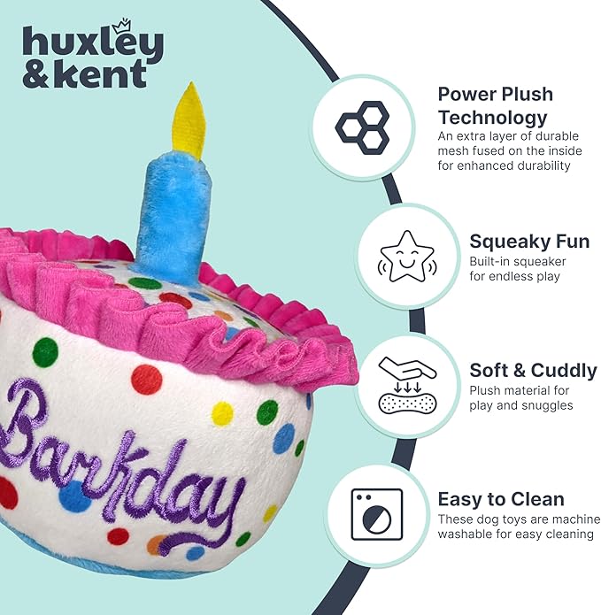 Huxley & Kent Funny Dog Toy w/Squeaker – Power Plush Squeaky Dog Toys for Small, Medium & Large Dogs – Soft Stuffed Animal for Indoor Play & Fetch - Happy Barkday Cake, Large