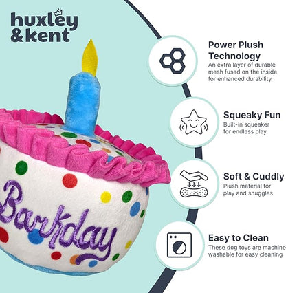 Huxley & Kent Funny Dog Toy w/Squeaker – Power Plush Squeaky Dog Toys for Small, Medium & Large Dogs – Soft Stuffed Animal for Indoor Play & Fetch - Happy Barkday Cake, Large