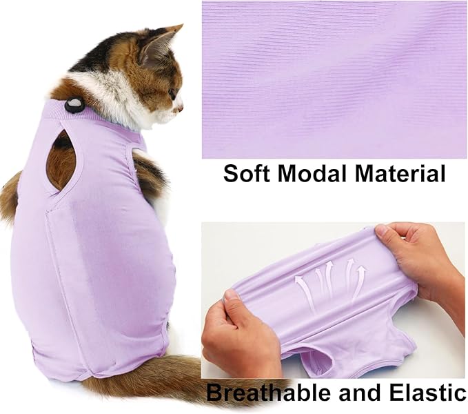 QIYADIN Cat Recovery Suit, Surgical Recovery Clothes for Abdominal Wound or Skin Disease, Cats Onesie After Surgery and Spay, E-Collar Alternative Pajama Suit (Purple, Large)