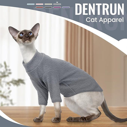 DENTRUN Sphynx Hairless Cats Shirt Pullover Kitten T-Shirts, Breathable Cat Wear Turtleneck Sweater Adorable Cat's Clothes Vest Pajamas Jumpsuit