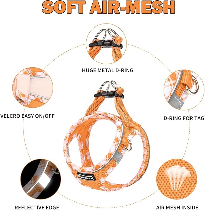 Mercano Soft Mesh Dog Harness and Leash Set, No-Chock Step-in Reflective Breathable Lightweight Easy Walk Vest Harnesses with Safety Buckle for Small Dogs, Cats (Orange, XS)
