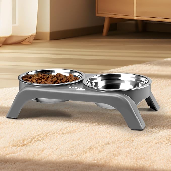 Elevated Dog Bowls for Small Dogs, 3” High Raised Dog Bowl Stand with Dual 5” Stainless Steel Bowls Non-Slip Pet Feeder for Puppy and Cats, Dishwasher Safe, Grey