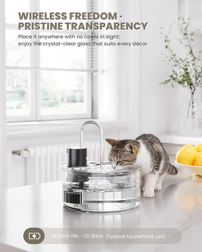 Wireless Cat Water Fountain Glass - 108oz/3.2L Automatic Ultra-Quiet Cat Water Fountain with Filter, Glass Battery Operated Pet Fountain Rechargeable Water Dispenser for Cats, Puppy, Multiple Pets