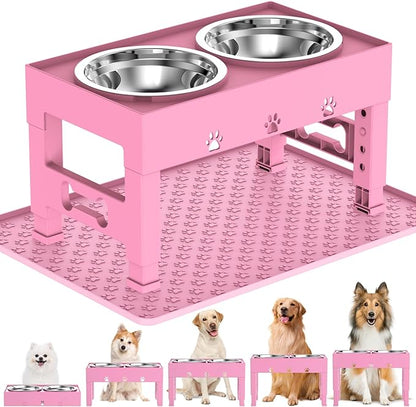 LAKIPETN Elevated Dog Bowls with Mat, Raised Dog Food Bowl Stand with 2 Stainless Steel Bowls, 5 Height Adjustable (3.1", 9", 10", 11", 12") Non-Slip Feeder Set for Medium and Large Dogs – Pink