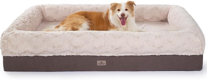 PetFun Memory Foam XL Dog Bed for XLarge Sized, Extra Large Orthopedic Dog Sofa with Sides and Waterproof Liner, Washable Bolster Pet Bed Couch with Removable Cover, 60x43x13 Inch, Khaki