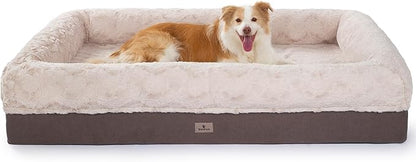 PetFun Memory Foam XL Dog Bed for XLarge Sized, Extra Large Orthopedic Dog Sofa with Sides and Waterproof Liner, Washable Bolster Pet Bed Couch with Removable Cover, 60x43x13 Inch, Khaki