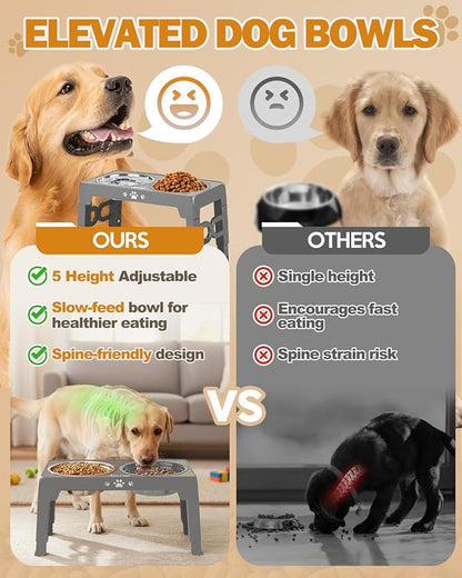 Elevated Dog Bowls, Dog Feeder with 1*Stainless Steel Dishes & 1*Slow Feeder Bowl, 5 Heights Adjustable Raised Stand for Medium Large, Food Dishes with Non-Slip Feet