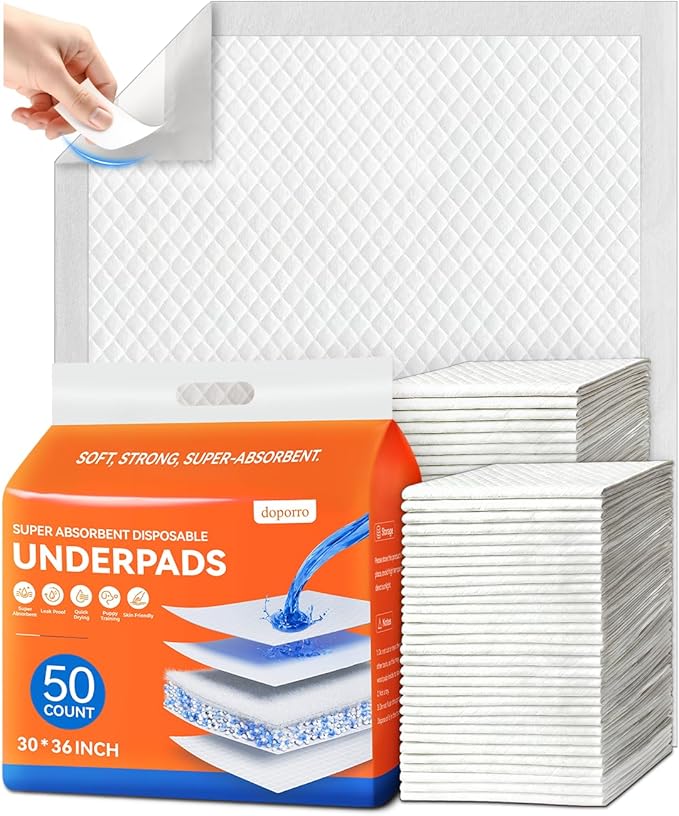 Doporro Disposable Pee Pads for Dogs, Puppies & Adults, 30” x 36” (50 Count), Super Absorbent Extra-Large Potty Pads with Adhesive Strips, Quick-Dry Indoor Protection for Pets
