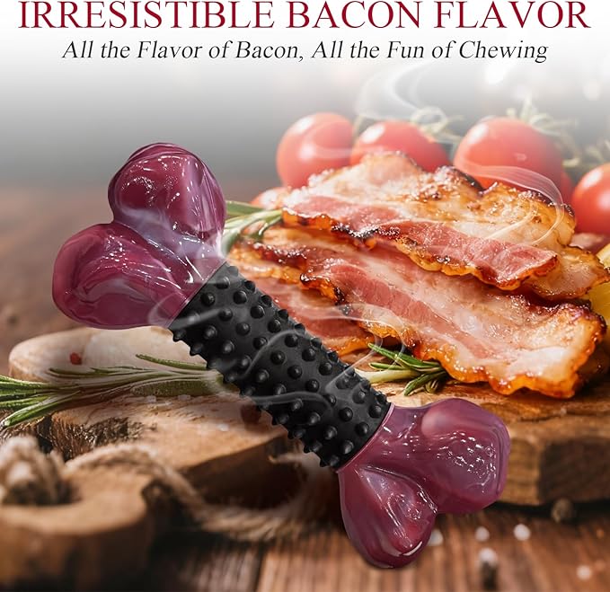 Apasiri Tough Dog Toys for Aggressive Chewers Large Breed, Dog Chew Bone with Bacon Flavor, Nylon & Rubber Chew Toy for Medium Large Dogs