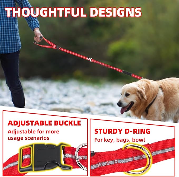 PUPTECK Heavy Duty Bungee Leash for Medium Large Dogs, No Pull Tactical Dog Leash with Double Handles for Training, Reflective with Car Seatbelt and Quick Release Buckle, Red