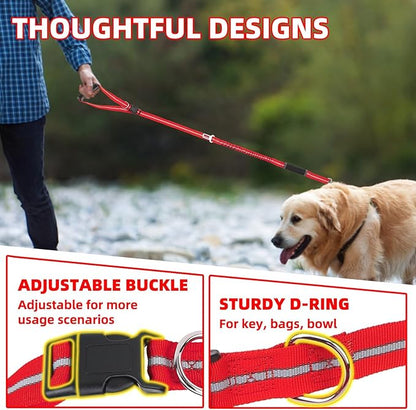 PUPTECK Heavy Duty Bungee Leash for Medium Large Dogs, No Pull Tactical Dog Leash with Double Handles for Training, Reflective with Car Seatbelt and Quick Release Buckle, Red