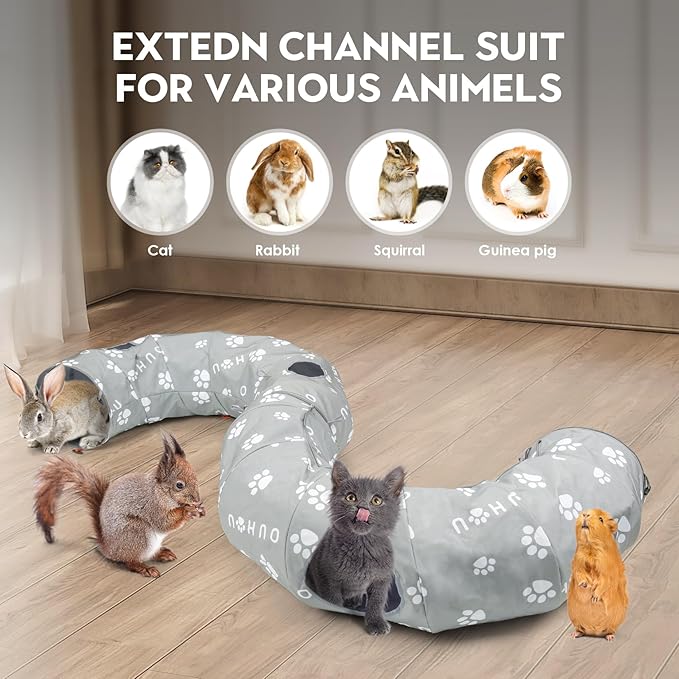 OUHOU Cat Tunnel Bed for Indoor Cats, Donut Tunnel with Mat, Straight Tunnel, 4 Hanging Balls and Blackout Tent, Collapsible Peekaboo Cat Cave