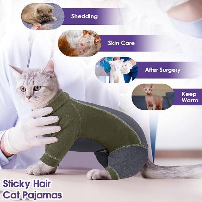 SUNFURA Hair Sticky Cat Clothes, Cat Sweater for Cats Only, 4-Legged Fleece Sweaters Kitten Pajamas Reduce Shedding Fur, Warm Pullover Shirts for Cats, Army Green M