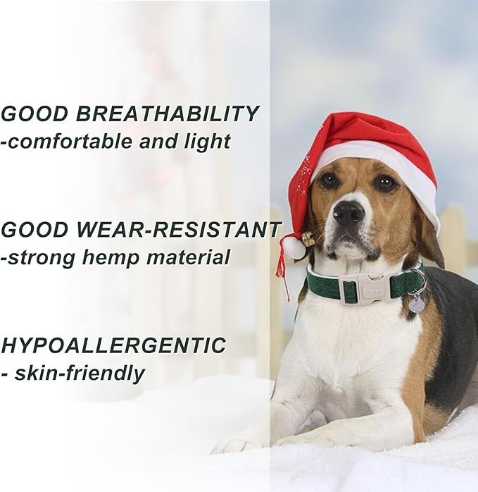 DOGWONG Cotton Hemp Dog Collar, Heavy-Duty Christmas Green Dog Collar Adjustable Soft Natural Fabric Pet Dog Collar Cute Holiday Puppy Necklace for Small Medium Large Dogs