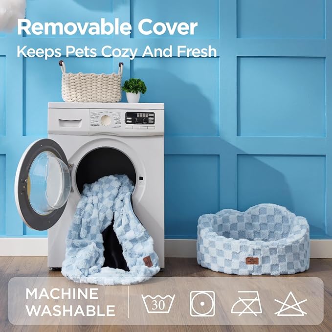 Joydeco Cloud Dog Bed for Small Dogs & Cats, Washable Pet Bed with Orthopedic Foam and Removable Checkered Plush Pad, Non-Slip Bottom for Indoor Puppies and Kittens, 27x24 Inch, Light Blue