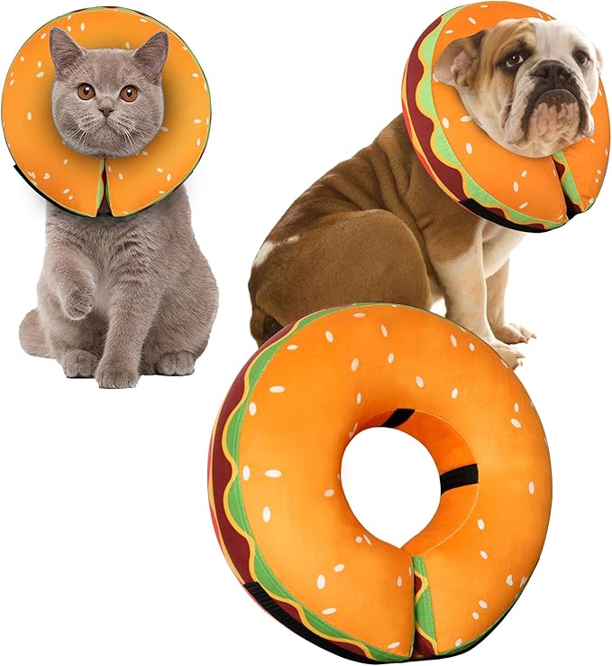 Inflatable Dog Cone Collar for Large Medium Small Dogs, Soft Adjustable Recovery Cone Collar for Dogs Cats,Dog Neck Donut Cone Alternative After Surgery(Hamburger,Small