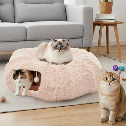 DUMOS Cat Tunnel Bed for Indoor Cats Cave Donut Play Tunnel, Soft Plush Peekaboo, Circle Cushion, Washable Multifunctional Playground Under Tree Pet Toys for Kittens, Puppy Rabbit, Ferret -Cream White