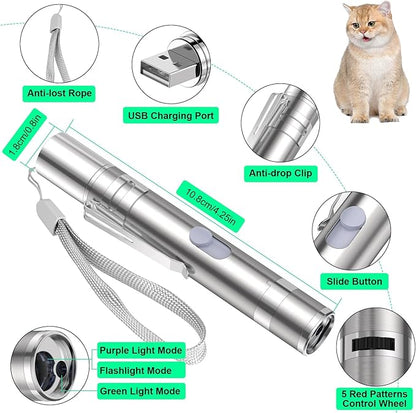 Cat Toy for Indoor Cats, USB Rechargeable Kitten Toys with 5 Adjustable Green Patterns, Interactive Chase Toys for Indoor Cats & Dogs, Training & Exercise Fun