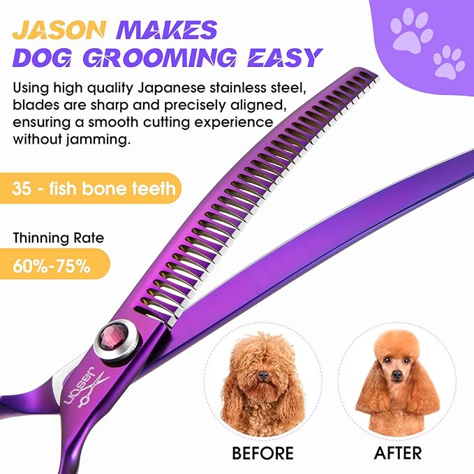 JASON 7.5" Curved Chunkers Shears - Professional Dog Scissors for Grooming, Japanese 440C Stainless Steel Blender Shears with Diamond Adjustable Screw (35 Teeth, Purple) Christmas Gift