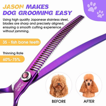 JASON 7.5" Curved Chunkers Shears - Professional Dog Scissors for Grooming, Japanese 440C Stainless Steel Blender Shears with Diamond Adjustable Screw (35 Teeth, Purple) Christmas Gift