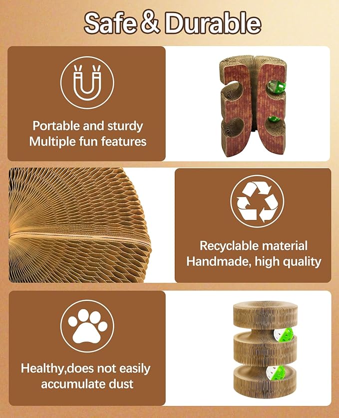 Kitty Kurlz Cat Toy, Magic Organ Cat Scratcher Board with 2 Bell Balls,Twisty Paws Cat Toy Foldable＆Changeable, Interactive Kitty Curls for Indoor Cats Physical & Mental Exercise-Coffee Brown