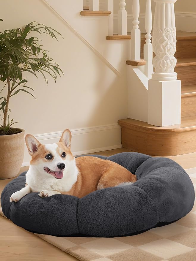 OhGeni 31 inches Calming Donut Orthopedic Dog & Cat Bed for Medium Pets, Warming Comfort Fluffy Short Pile Fur, Durable Waterproof Machine Washable Removable Cover, Cute Round Bed for Puppy, Dark Gray