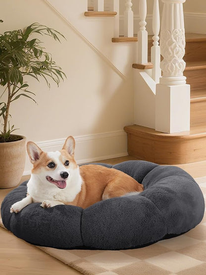 OhGeni 31 inches Calming Donut Orthopedic Dog & Cat Bed for Medium Pets, Warming Comfort Fluffy Short Pile Fur, Durable Waterproof Machine Washable Removable Cover, Cute Round Bed for Puppy, Dark Gray