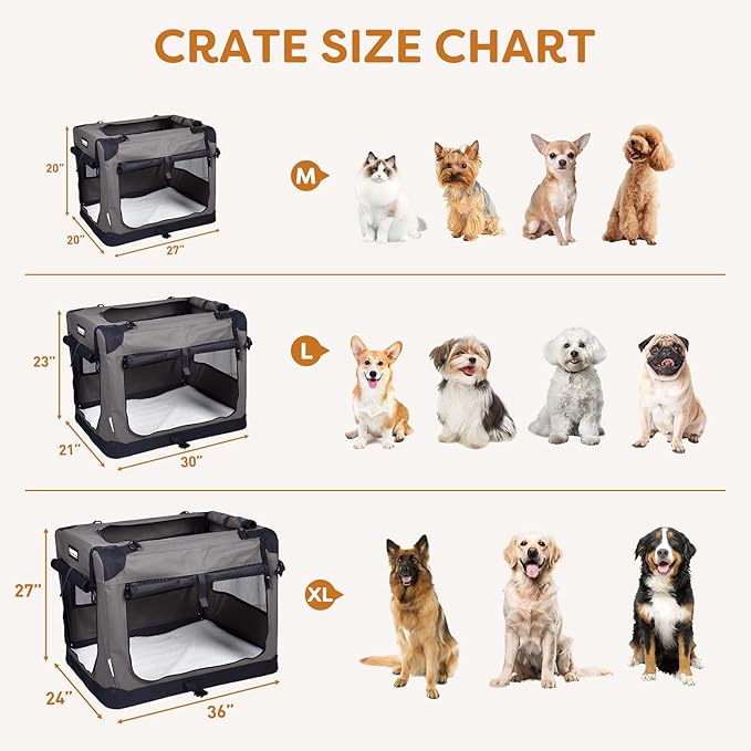 JESPET Soft Cat Crates Kennel, 3 Door Soft Sided Folding Travel Pet Carrier with Straps and Fleece Mat for Dogs, Cats(Dark Grey, Medium(27" L x 20" W x 20" H))