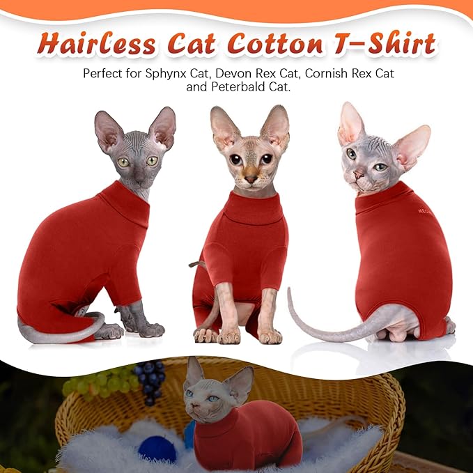 ROZKITCH Hairless Cat Clothes, Breathable Soft Cat Jumpers for Cats Only, Cat Coat with Four Legs, Warm Cat Sweater Cat T-Shirt Cat Pajamas Jumpsuit Vest Cornish Rex Devon Rex Peterbald Red XL