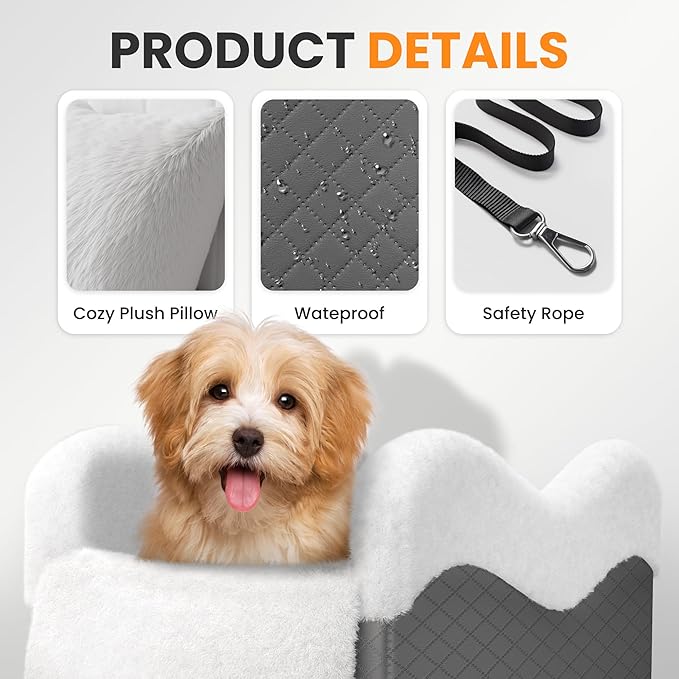 Mavora Max Portable Small Dog Seat for Car, Luxury Center Console Dog Car Seat Booster with Safety Tethers, Anti-Collapse Pet Travel Carseat for SUV, Truck (Dark Grey/White)